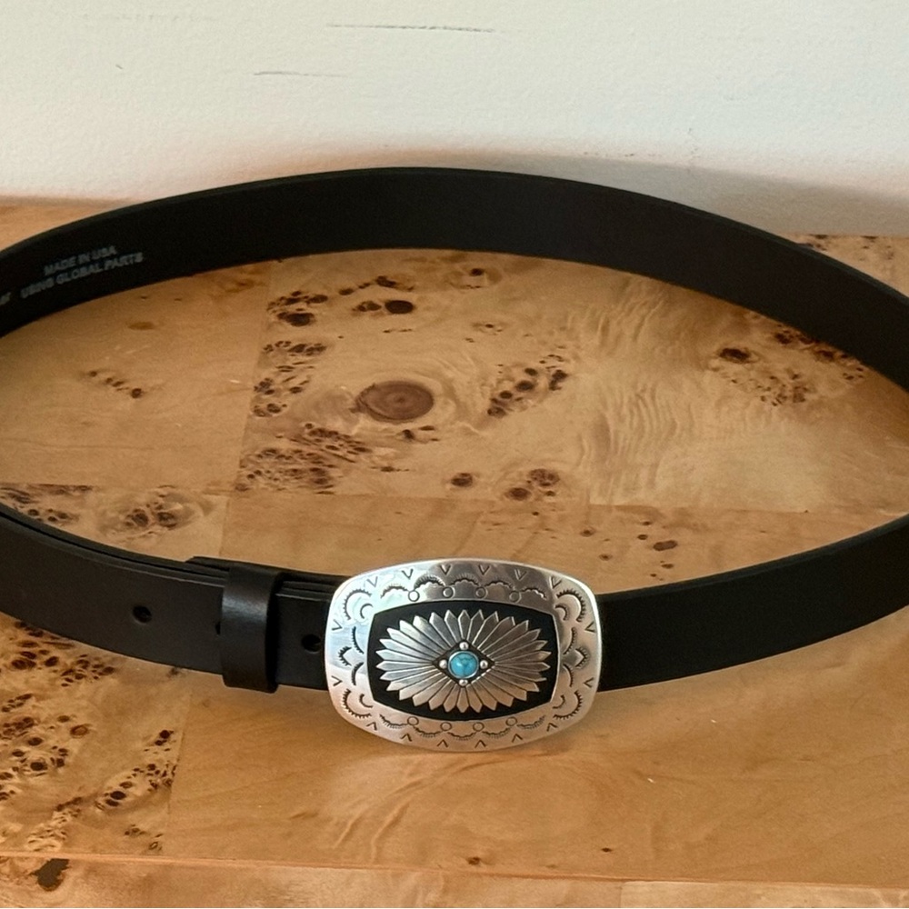 Tony Lama Black Leather Belt with Silver-Tone Concho and Turquoise Accent - Picture 5 of 5